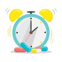 Time to take Medication dose. Alarm clock with Pills. Concept of Medication course. Vector illustration.