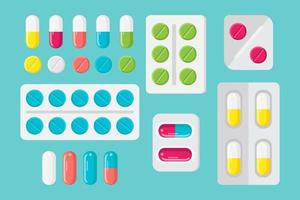 Set of Pills, tablets and capsules. Flat vector illustration.