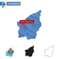 Mapa polivinílico bajo azul san marino con capital san marino. vector