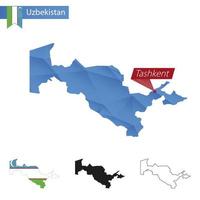 Uzbekistan blue Low Poly map with capital Tashkent. vector