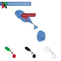 Saint kitts y nevis mapa azul de baja poli con capital basseterre. vector