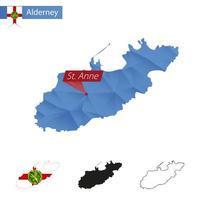 mapa de alderney blue low poly con capital st. Ana. vector