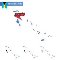 el mapa polivinílico bajo azul de bahamas con capital nassau. vector