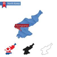 mapa polivinílico bajo azul de corea del norte con capital pyongyang. vector