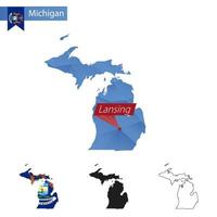 mapa polivinílico bajo azul del estado de michigan con capital lansing. vector