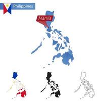 Mapa polivinílico bajo azul de Filipinas con capital manila. vector