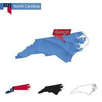 mapa polivinílico bajo azul del estado de carolina del norte con capital raleigh. vector