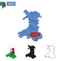 Wales blue Low Poly map with capital Cardiff. vector