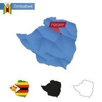 Zimbabwe blue Low Poly map with capital Harare. vector