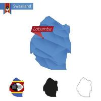 Mapa polivinílico bajo azul de swazilandia con capital lobamba. vector