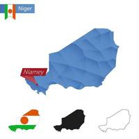 Níger azul bajo poli mapa con capital niamey. vector