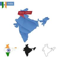 mapa azul de baja poli india con capital nueva delhi. vector