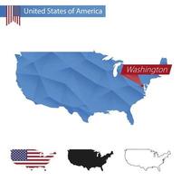 USA blue Low Poly map with capital Washington. vector