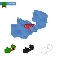 mapa polivinílico bajo azul de zambia con capital lusaka. vector