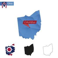 mapa polivinílico bajo del estado de ohio azul con capital columbus. vector