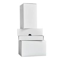 Mockup of four containers for goods stacked by a tower. Packaging boxes on a white background. photo