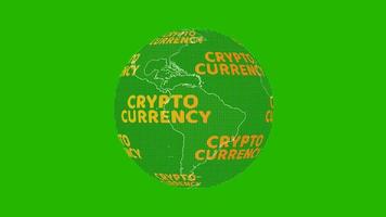 World map with cryptocurrency digital text rotating on green screen video