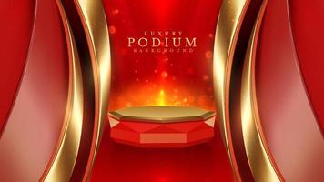 Red color podium with ribbon elements and gold lines with glitter light effect decoration and bokeh. vector