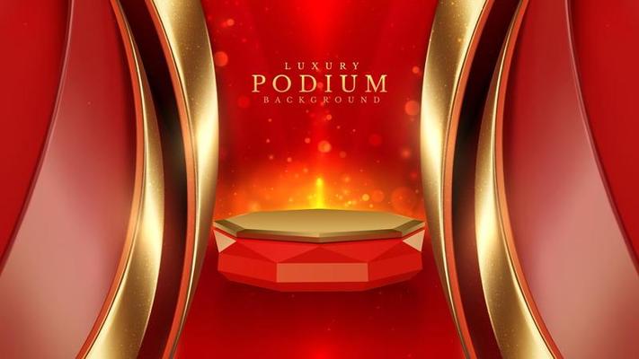 Red color podium with ribbon elements and gold lines with glitter light effect decoration and bokeh.