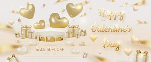 Valentine day sale banner template with 3d heart shape decorations and podium for product display. vector