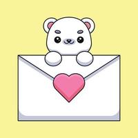 lindo oso polar sosteniendo una carta de amor caricatura mascota garabato arte dibujado a mano esquema concepto vector kawaii icono ilustración