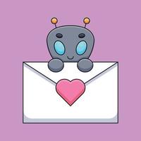 cute alien holding a love letter cartoon mascot doodle art hand drawn outline concept vector kawaii icon illustration