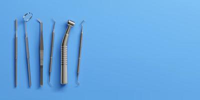 3d realistic professional dental tools set for dentistry inspection. Teeth care, health concept. Basic metal medical equipment, instrument top view. Vector illustration isolated on blue background
