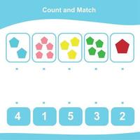 Count and Match Game for Kids. Geometric shapes Game. Math Worksheet for Preschool. Educational printable math worksheet. Vector illustration.