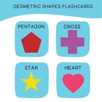 Geometric shapes name flashcards. Different shapes. Educational children game for learning geometric forms. Printable math flashcards. Vector illustration in cartoon style.
