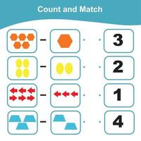 Counting and Matching Game for Preschool Children. Math Worksheet for Preschool. Geometric shapes theme. Educational printable math worksheet vector