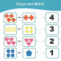 Counting and Matching Game for Preschool Children. Math Worksheet for Preschool. Geometric shapes theme. Educational printable math worksheet vector