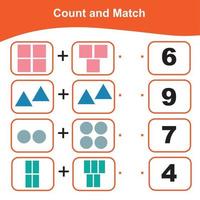 Counting and Matching Game for Preschool Children. Math Worksheet for Preschool. Geometric shapes theme. Educational printable math worksheet vector