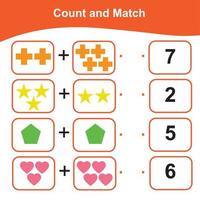 Counting and Matching Game for Preschool Children. Math Worksheet for Preschool. Geometric shapes theme. Educational printable math worksheet vector