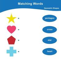 Matching words with images. Matching words game for kids. Educational printable game cards. Geometric shapes. Vector file.