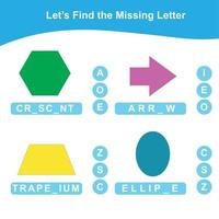 Missing letter worksheet. Complete the letters for shapes in English. Writing practice. Early education materials. Vector file.