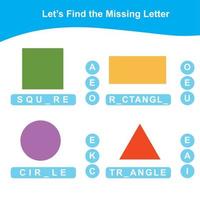 Missing letter worksheet. Complete the letters for shapes in English. Writing practice. Early education materials. Vector file.