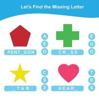 Missing letter worksheet. Complete the letters for shapes in English. Writing practice. Early education materials. Vector file.