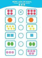 Choose more, less or equal game. Math education worksheet with geometric theme.  Vector illustration.