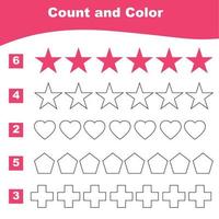 Count and Color worksheet for children. Educational printable about geometric. Vector illustrations.