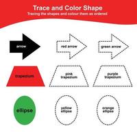 Tracing and coloring the shapes Worksheet. Educational printable math worksheet. Additional coloring page for kids. Vector illustration in cartoon style.