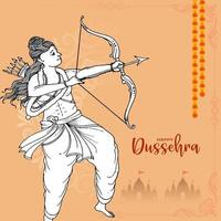 feliz tarjeta de felicitación del festival indio dussehra con lord rama apuntando flecha vector
