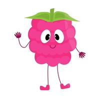 Cute raspberry berry with a smile and a hello gesture in the style of kawaii in vector