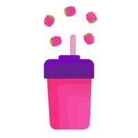 Reusable bottle for drinks with a straw and raspberry compote or smoothies, raspberries vector