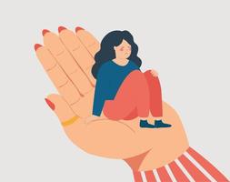 Lonely woman sits on the big hand and needs support and care. Counselor helps a sad teenager girl to get rid of stress, anxiety and depression. Concept for people under stress. Vector illustration