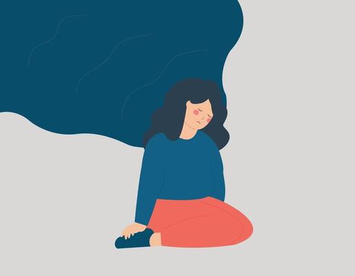 Exhausted woman can not get rid of depression, stress, burnout or negative thoughts. Tired girl does not struggle with life difficulties or problems hanging over her. Mental health disorder concept