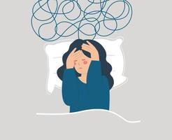 mujer cansada acostada en la cama y tiene dificultad para dormir por la noche debido al dolor de cabeza. la chica triste sufre de insomnio, pesadillas y pensamientos negativos enredados. concepto de salud mental y trastorno del sueño. vector