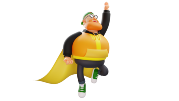 Illustration 3D. heureux gros homme personnage de dessin animé 3d. un homme élégant souriant joyeusement. gros homme en pose volante à l'aide d'ailes. personnage de dessin animé 3D png