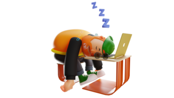 ilustración 3d personaje de dibujos animados 3d de hombre gordo soñoliento. un hombre elegante está durmiendo frente a una computadora portátil. hombre gordo durmiendo en una posición sentada. personaje de dibujos animados en 3D png