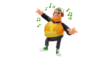 ilustração 3D. personagem de desenho animado 3d de homem gordo talentoso. um homem elegante está ouvindo música com fones de ouvido. homem gordo canta alegremente. personagem de desenho animado 3d png