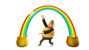 ilustración 3d personaje de dibujos animados 3d de hombre gordo feliz. un hombre elegante que sonríe felizmente extiende sus brazos. gordo parado bajo el arco iris felizmente. personaje de dibujos animados en 3D png